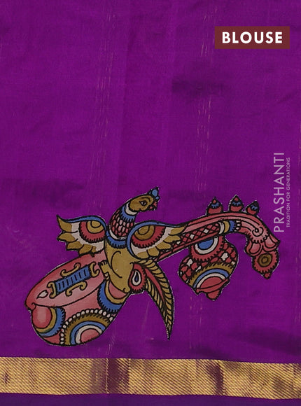 Silk cotton saree purple with kalamkari applique work and zari woven border