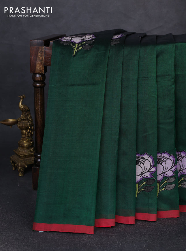 Silk cotton saree bottle green and red with kalamkari applique work and piping border