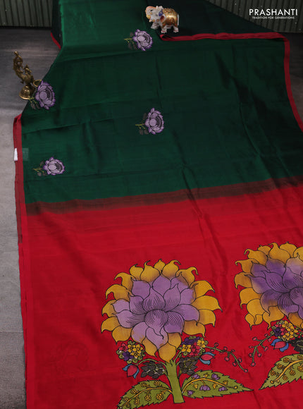 Silk cotton saree bottle green and red with kalamkari applique work and piping border