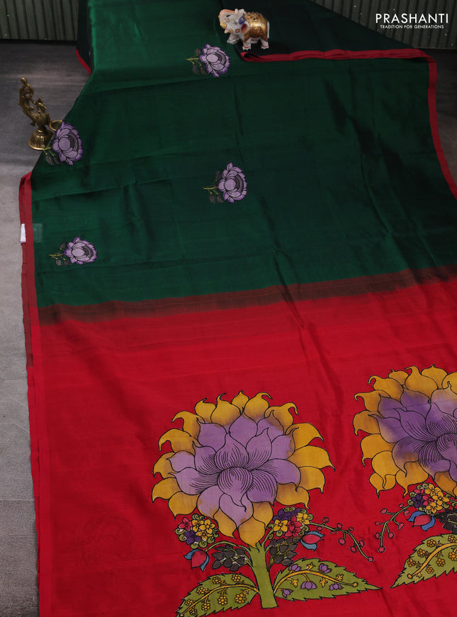 Silk cotton saree bottle green and red with kalamkari applique work and piping border