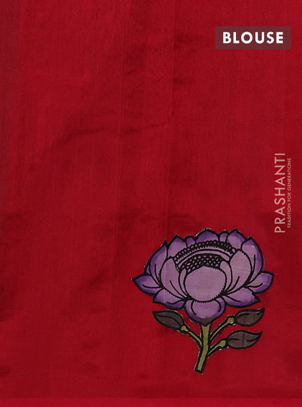 Silk cotton saree bottle green and red with kalamkari applique work and piping border