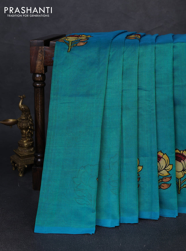 Silk cotton saree teal blue with kalamkari applique work in borderless style