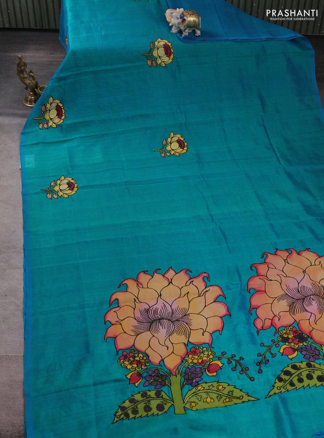 Silk cotton saree teal blue with kalamkari applique work in borderless style
