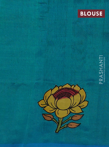 Silk cotton saree teal blue with kalamkari applique work in borderless style