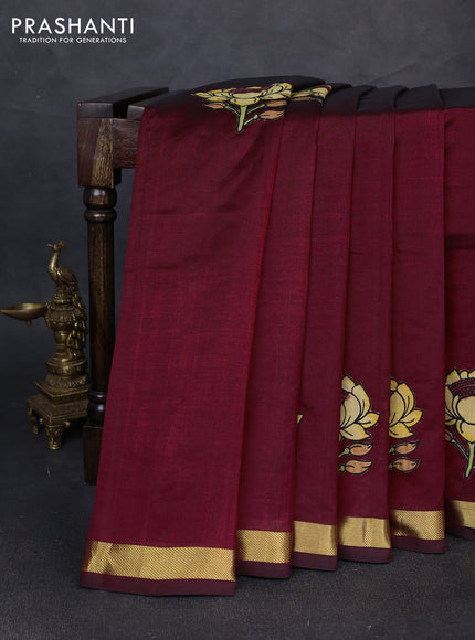 Silk cotton saree maroon with kalamkari applique work and zari woven border