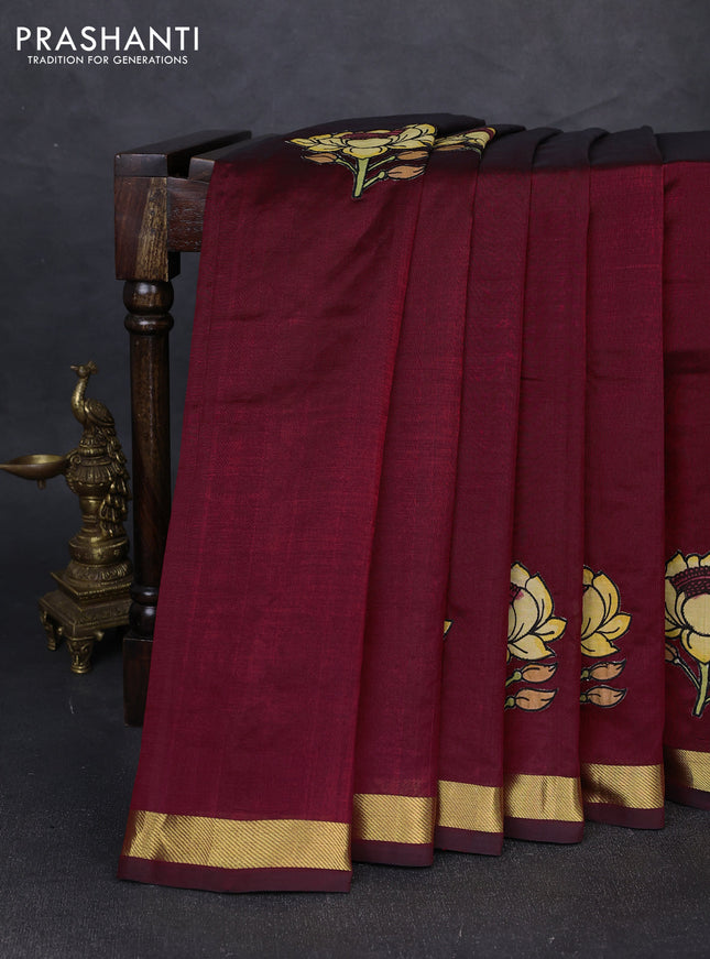 Silk cotton saree maroon with kalamkari applique work and zari woven border