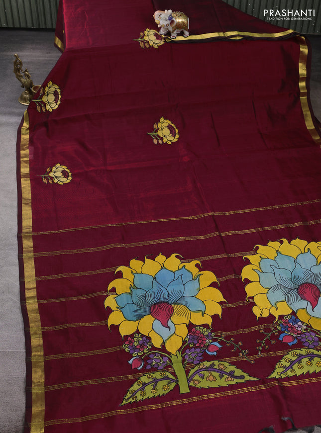 Silk cotton saree maroon with kalamkari applique work and zari woven border