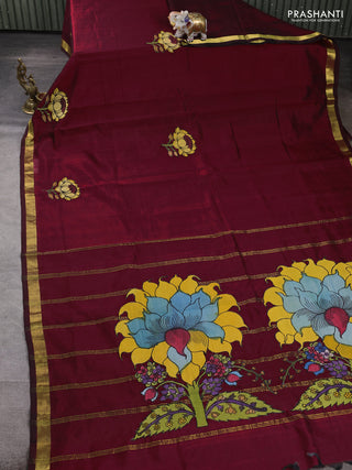 Silk cotton saree maroon with kalamkari applique work and zari woven border