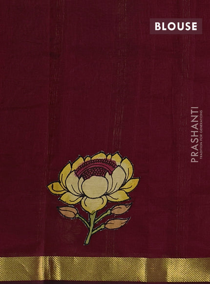Silk cotton saree maroon with kalamkari applique work and zari woven border