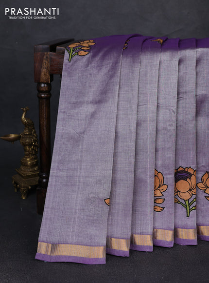 Silk cotton saree lavender shade with kalamkari applique work and zari woven border