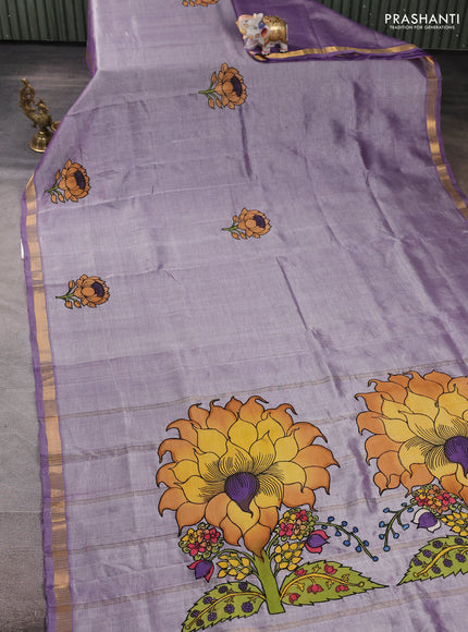 Silk cotton saree lavender shade with kalamkari applique work and zari woven border