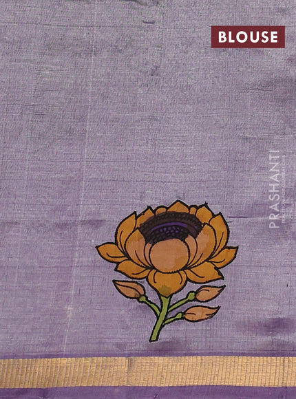Silk cotton saree lavender shade with kalamkari applique work and zari woven border