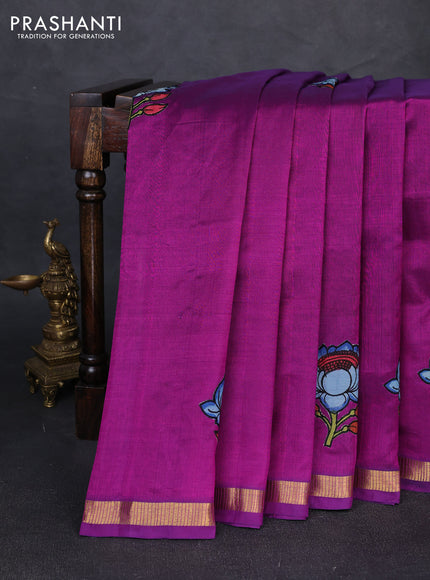 Silk cotton saree purple with kalamkari applique work and zari woven border