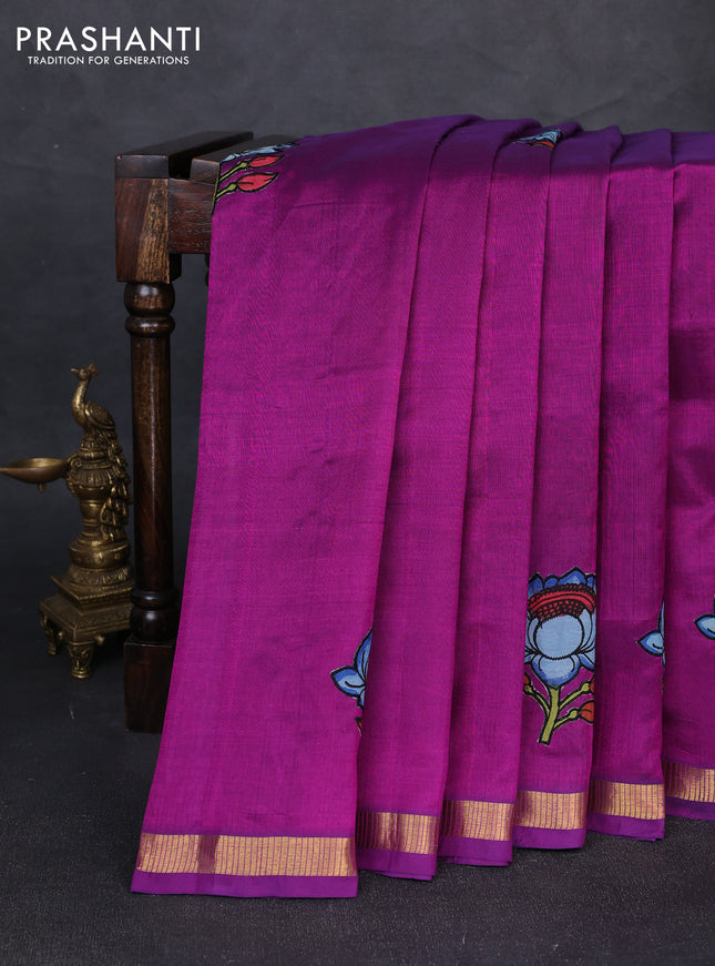 Silk cotton saree purple with kalamkari applique work and zari woven border