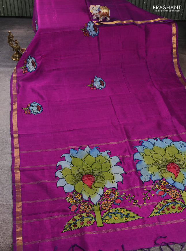 Silk cotton saree purple with kalamkari applique work and zari woven border