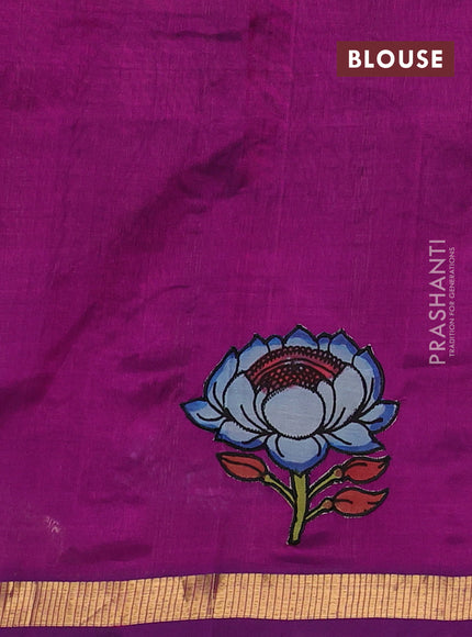 Silk cotton saree purple with kalamkari applique work and zari woven border