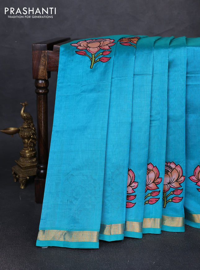 Silk cotton saree teal blue with kalamkari applique work and zari woven border