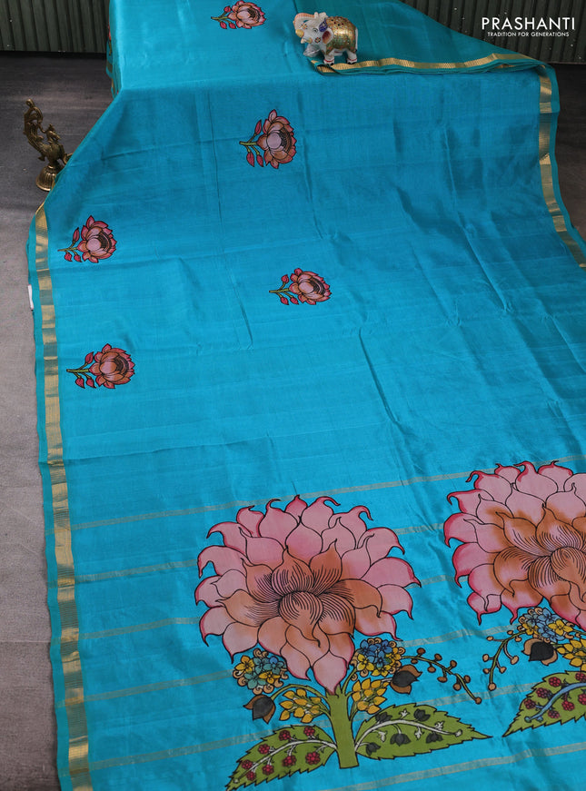 Silk cotton saree teal blue with kalamkari applique work and zari woven border