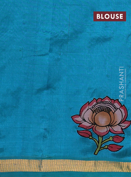 Silk cotton saree teal blue with kalamkari applique work and zari woven border