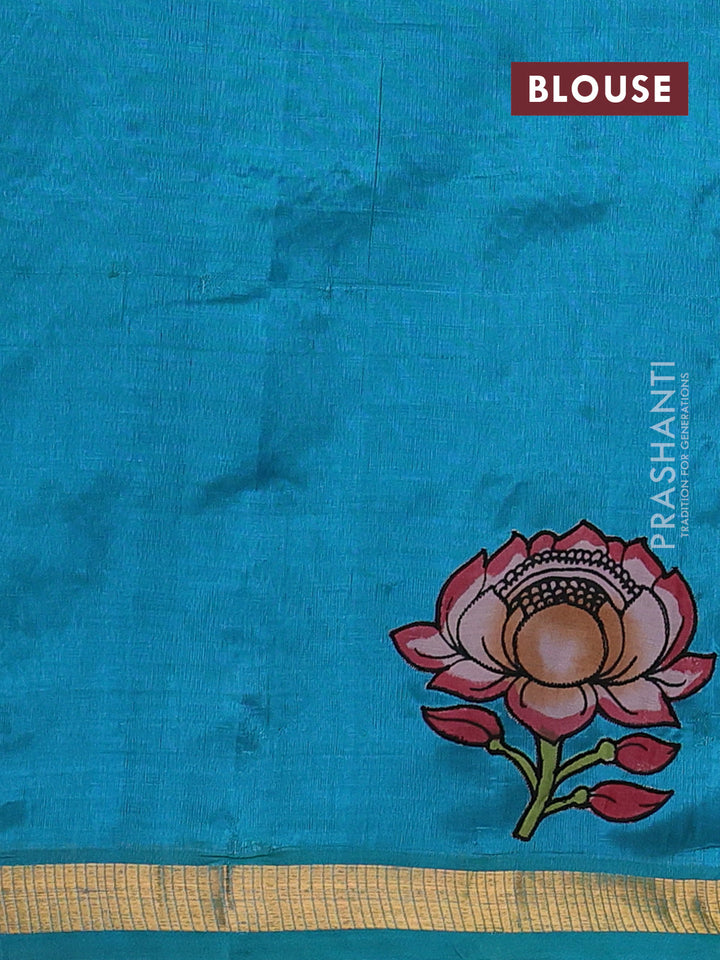 Silk cotton saree teal blue with kalamkari applique work and zari woven border