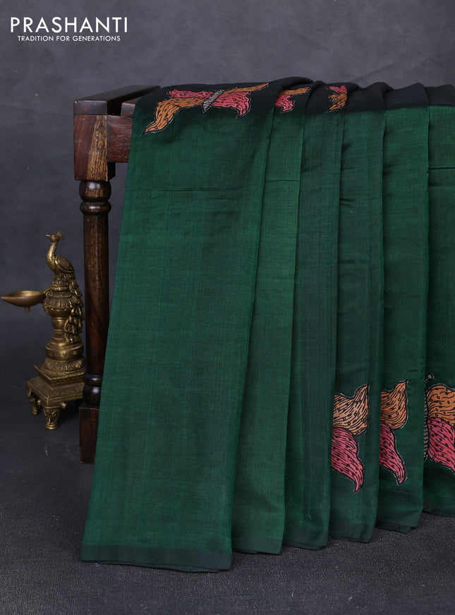 Silk cotton saree bottle green with kalamkari applique work in borderless style