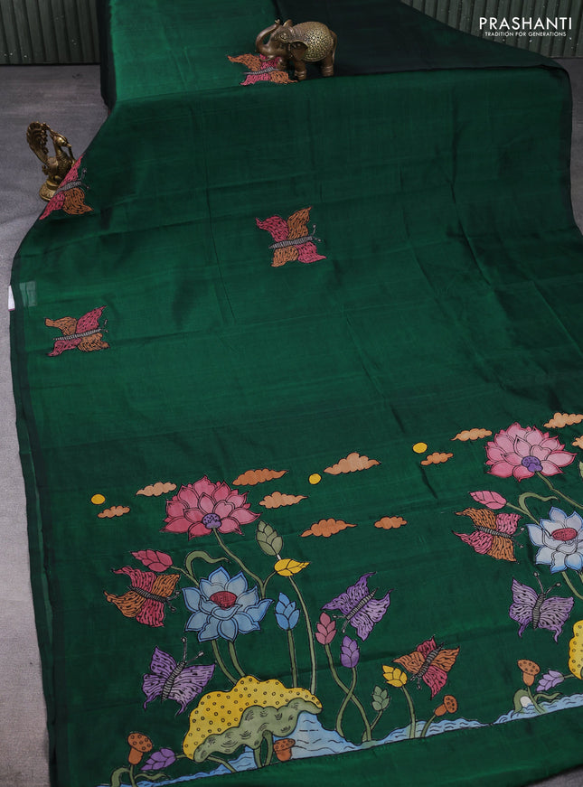 Silk cotton saree bottle green with kalamkari applique work in borderless style