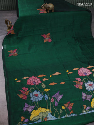 Silk cotton saree bottle green with kalamkari applique work in borderless style