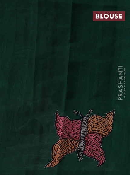 Silk cotton saree bottle green with kalamkari applique work in borderless style