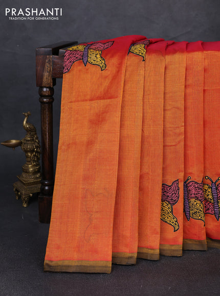 Silk cotton saree sunset orange and black with kalamkari applique work and piping border