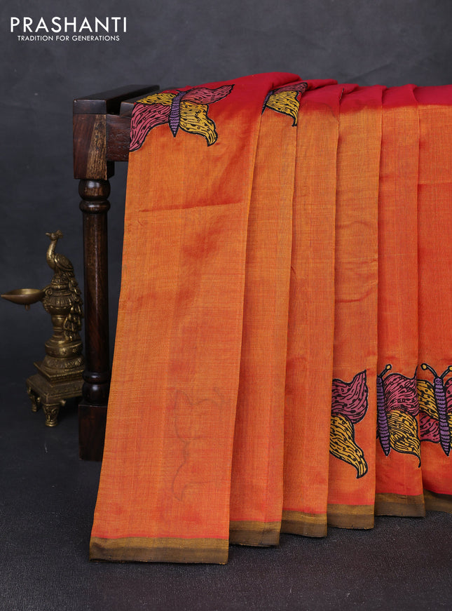 Silk cotton saree sunset orange and black with kalamkari applique work and piping border