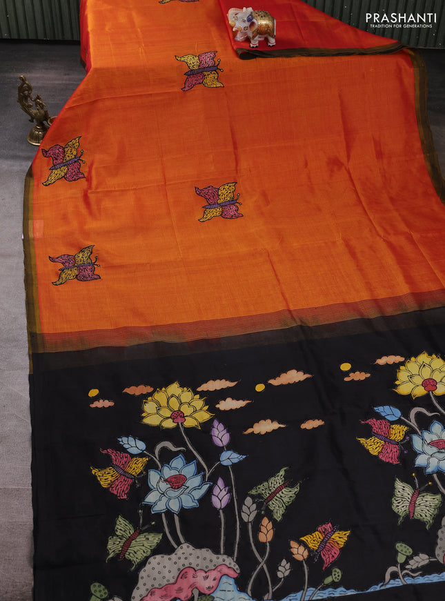 Silk cotton saree sunset orange and black with kalamkari applique work and piping border