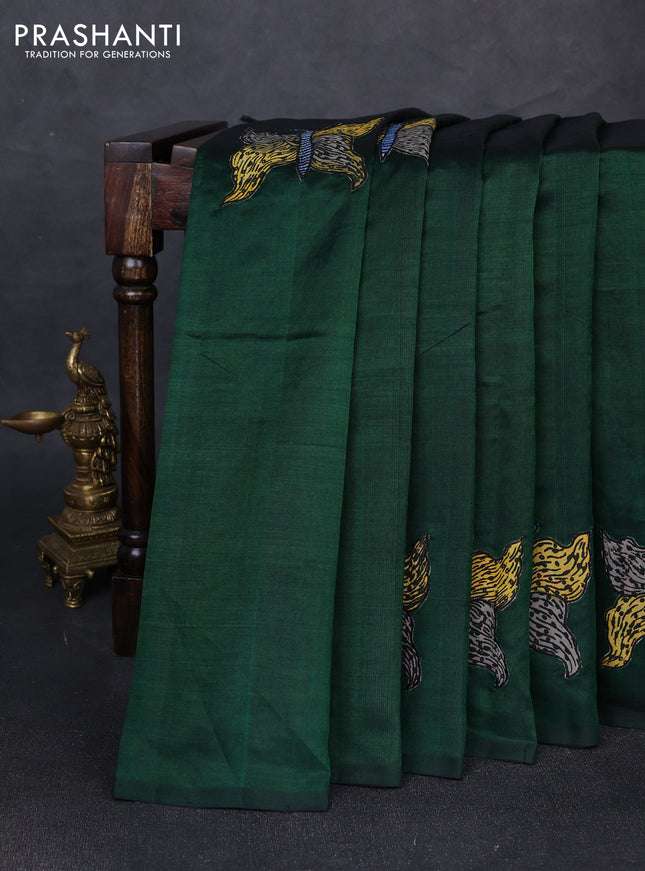 Silk cotton saree bottle green with kalamkari applique work in borderless style
