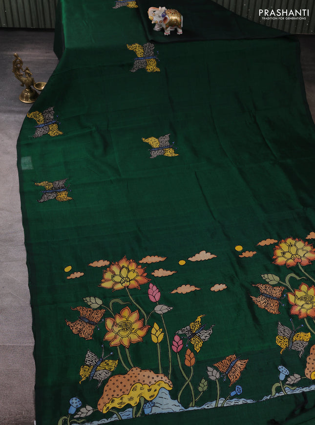 Silk cotton saree bottle green with kalamkari applique work in borderless style