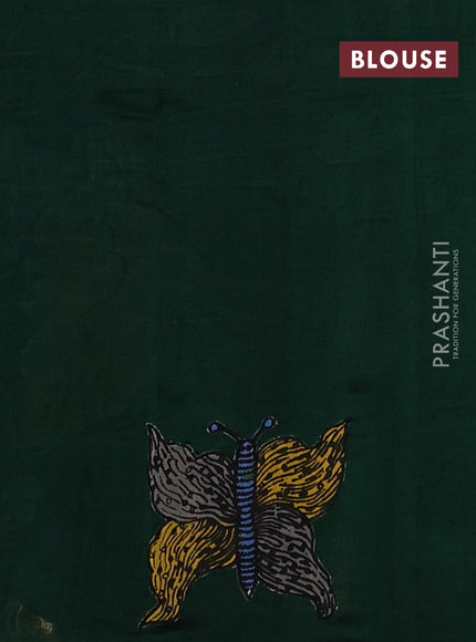 Silk cotton saree bottle green with kalamkari applique work in borderless style