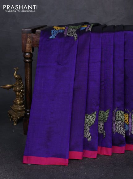 Silk cotton saree violet and pink with kalamkari applique work and piping border