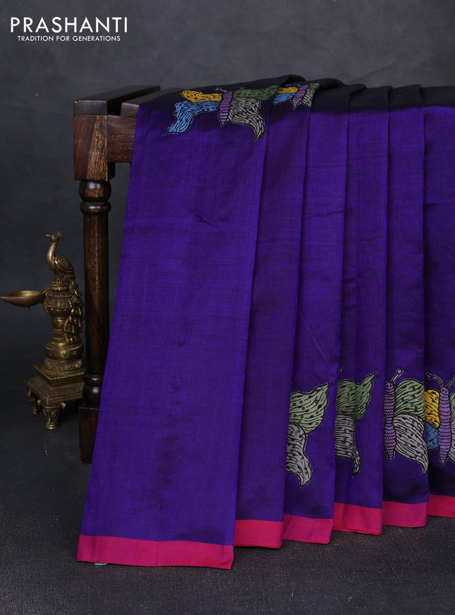 Silk cotton saree violet and pink with kalamkari applique work and piping border