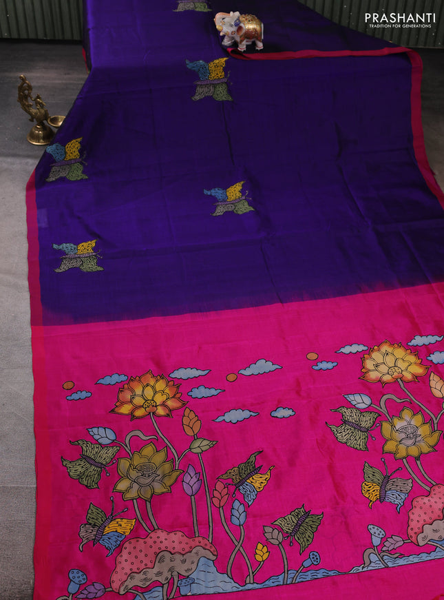 Silk cotton saree violet and pink with kalamkari applique work and piping border