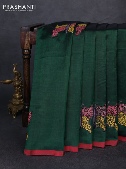 Silk cotton saree bottle green and red with kalamkari applique work and piping border