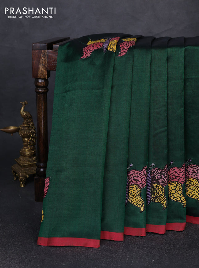 Silk cotton saree bottle green and red with kalamkari applique work and piping border