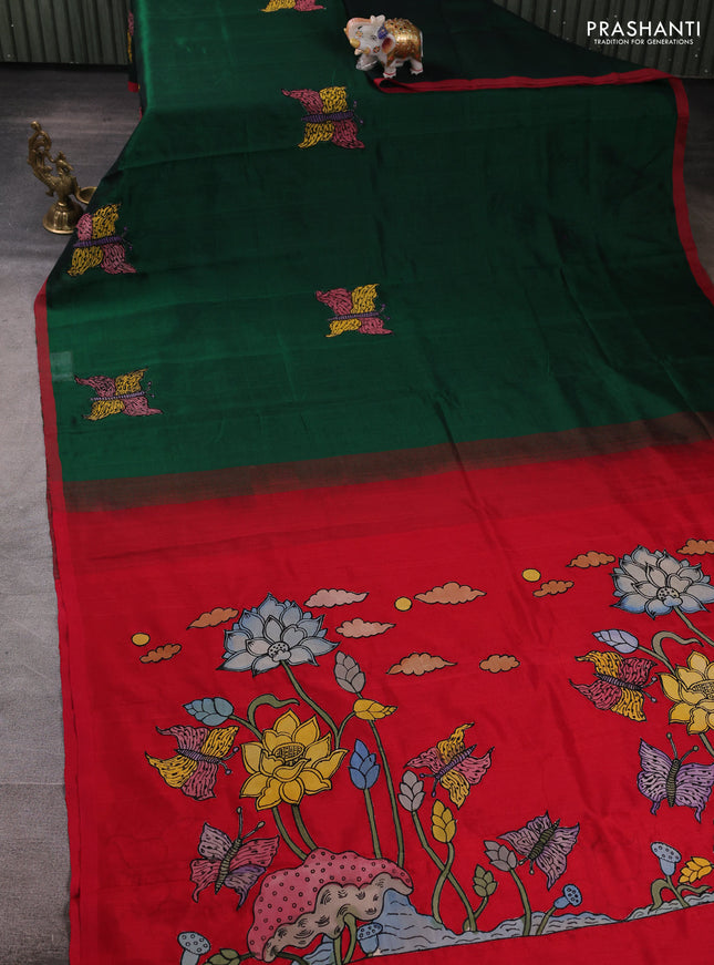 Silk cotton saree bottle green and red with kalamkari applique work and piping border