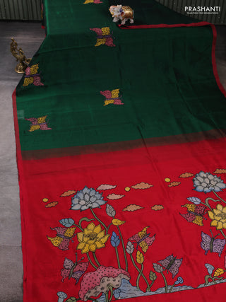 Silk cotton saree bottle green and red with kalamkari applique work and piping border