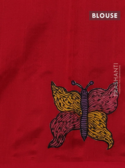 Silk cotton saree bottle green and red with kalamkari applique work and piping border