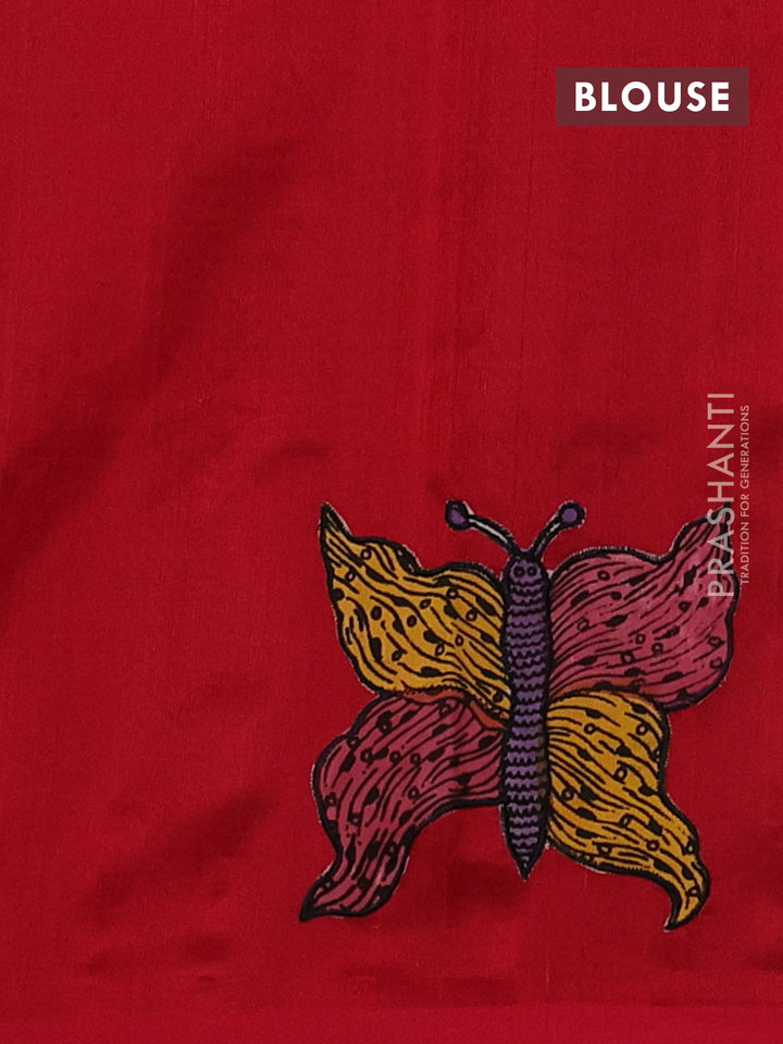 Silk cotton saree bottle green and red with kalamkari applique work and piping border