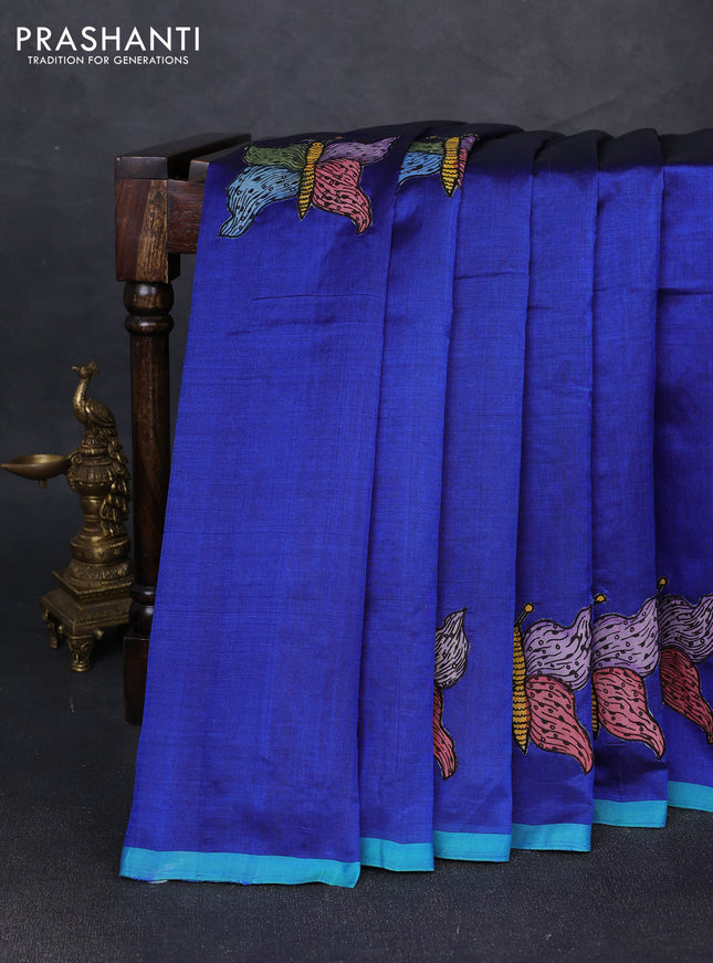 Silk cotton saree blue and teal green with kalamkari applique work and piping border