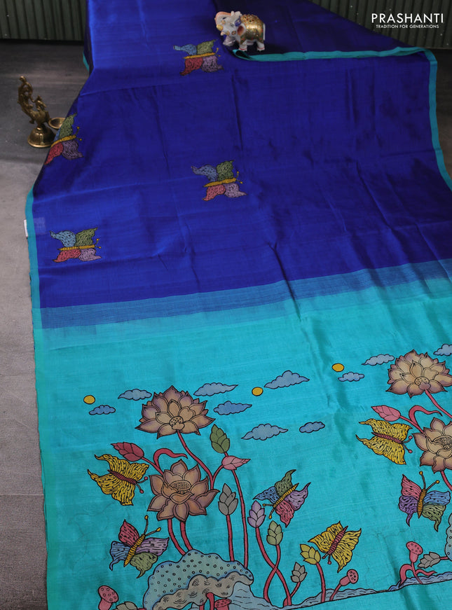 Silk cotton saree blue and teal green with kalamkari applique work and piping border