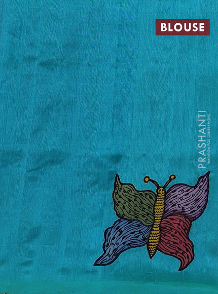 Silk cotton saree blue and teal green with kalamkari applique work and piping border