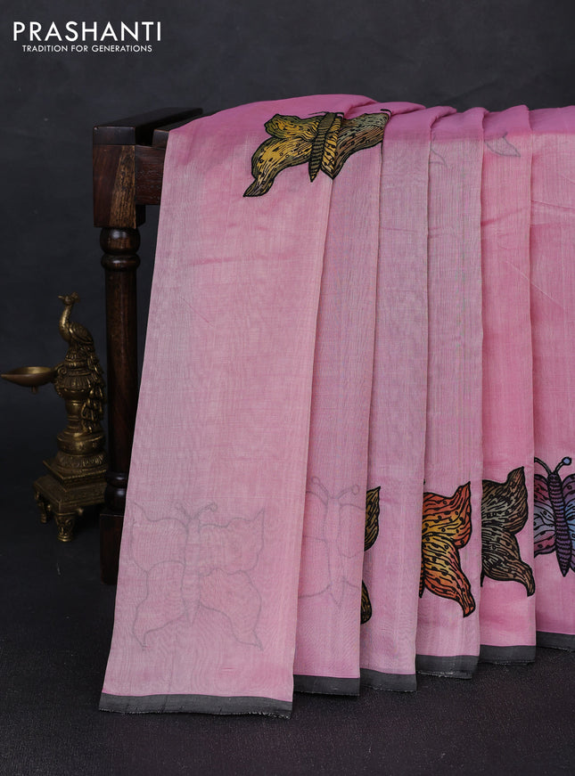 Silk cotton saree light pink and maroon with kalamkari applique work and piping border