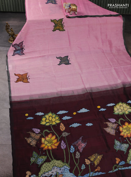 Silk cotton saree light pink and maroon with kalamkari applique work and piping border