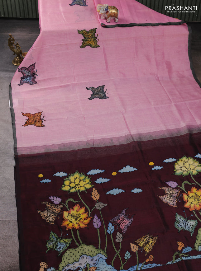 Silk cotton saree light pink and maroon with kalamkari applique work and piping border