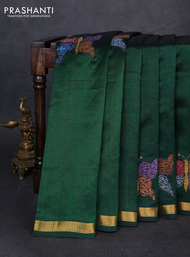 Silk cotton saree bottle green with kalamkari applique work and zari woven border